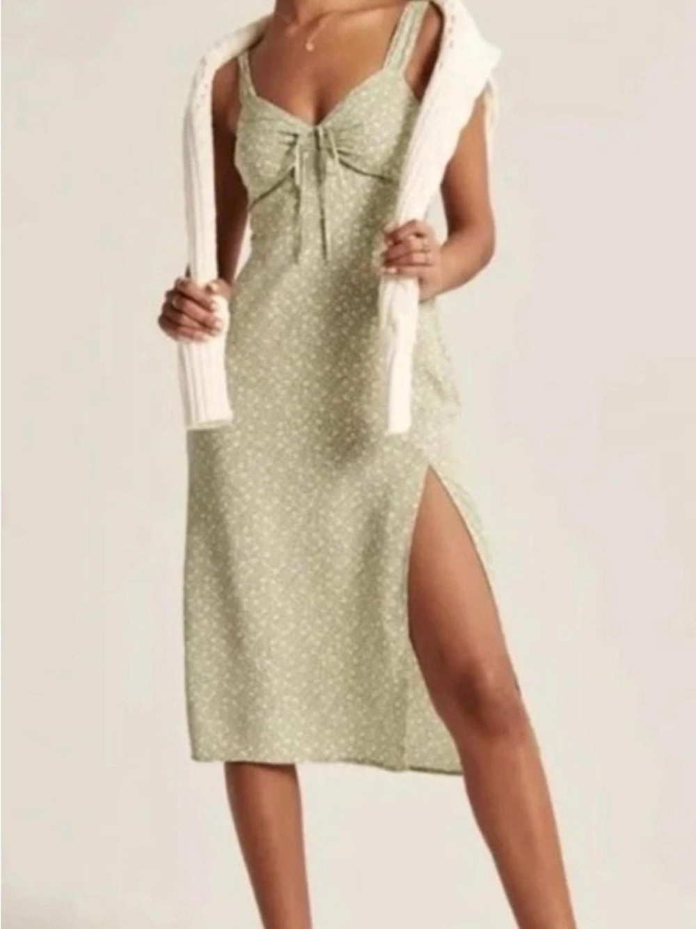 Abercrombie & Fitch Sage Green Floral Tie-Front Midi Dress